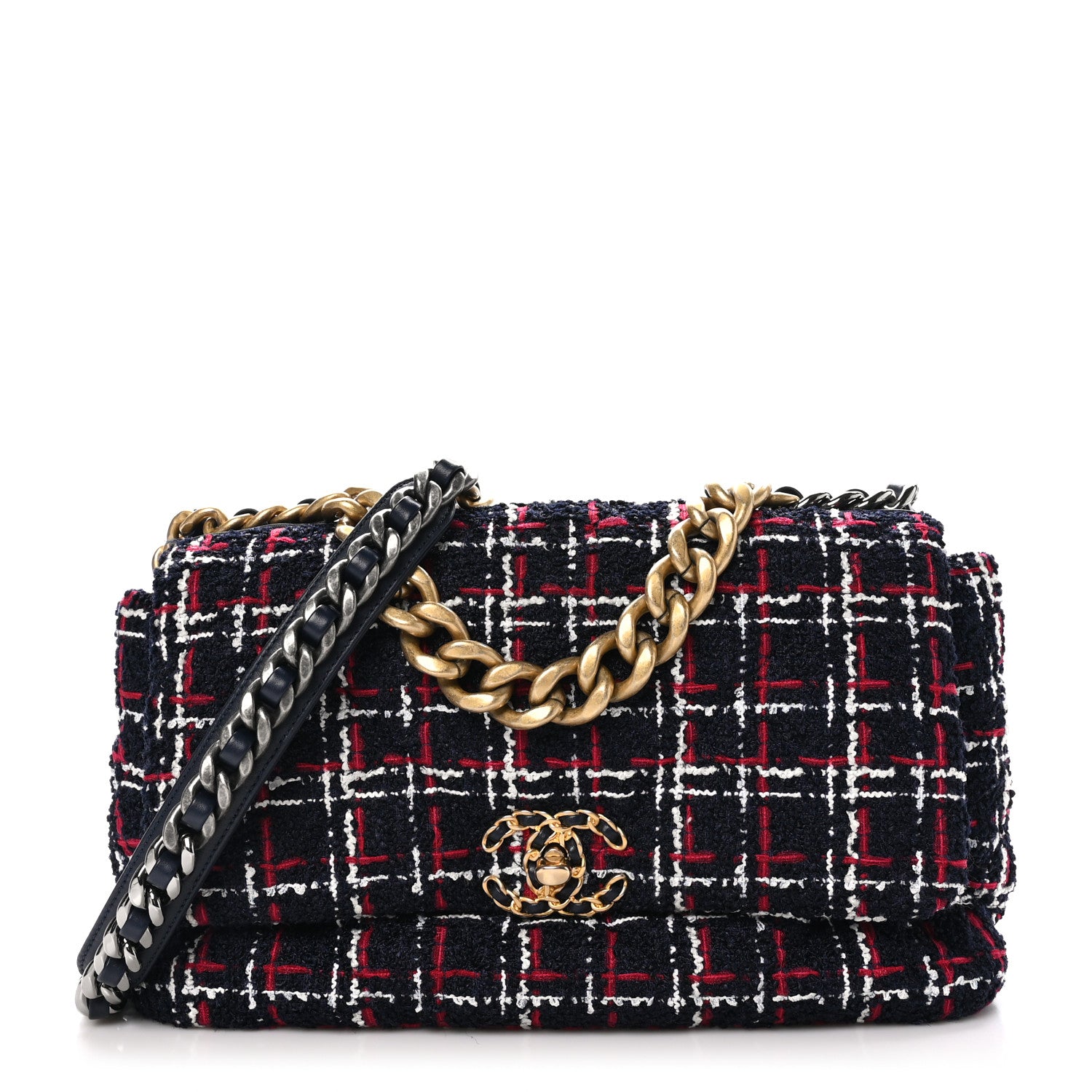 Chanel Tweed Quilted Large Chanel 19 Flap Navy Blue White Red 1 of 10