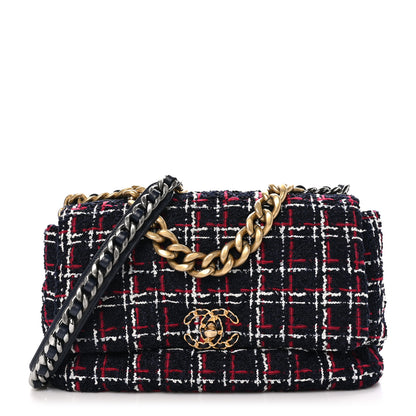 Chanel Tweed Quilted Large Chanel 19 Flap Navy Blue White Red 1 of 10