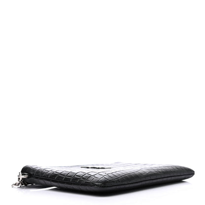 Saint Laurent Calfskin Crocodile Embossed Monogram Zip Pouch Black 3 of 4