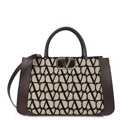 Valentino Garavani Toile Iconographe Calfskin Medium Vlogo Tote Naturale Black Fondant 1 of 8