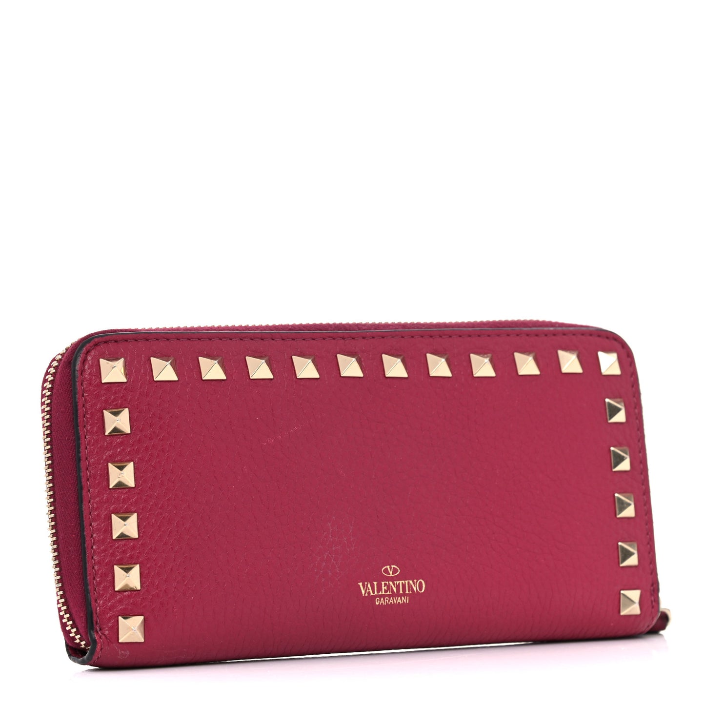 Pebbled Calfskin Rockstud Zip Around Wallet Raspberry