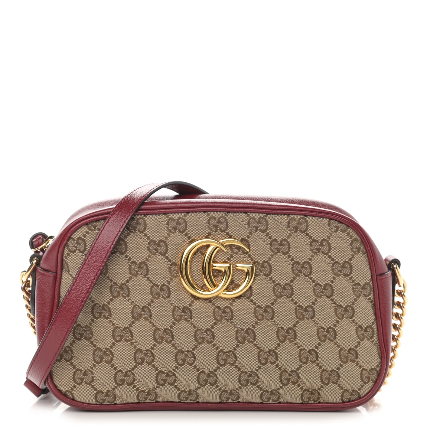 Monogram Azalea Calfskin Matelasse Diagonal Small GG Marmont Chain Shoulder Bag Beige Ebony New Cherry Red