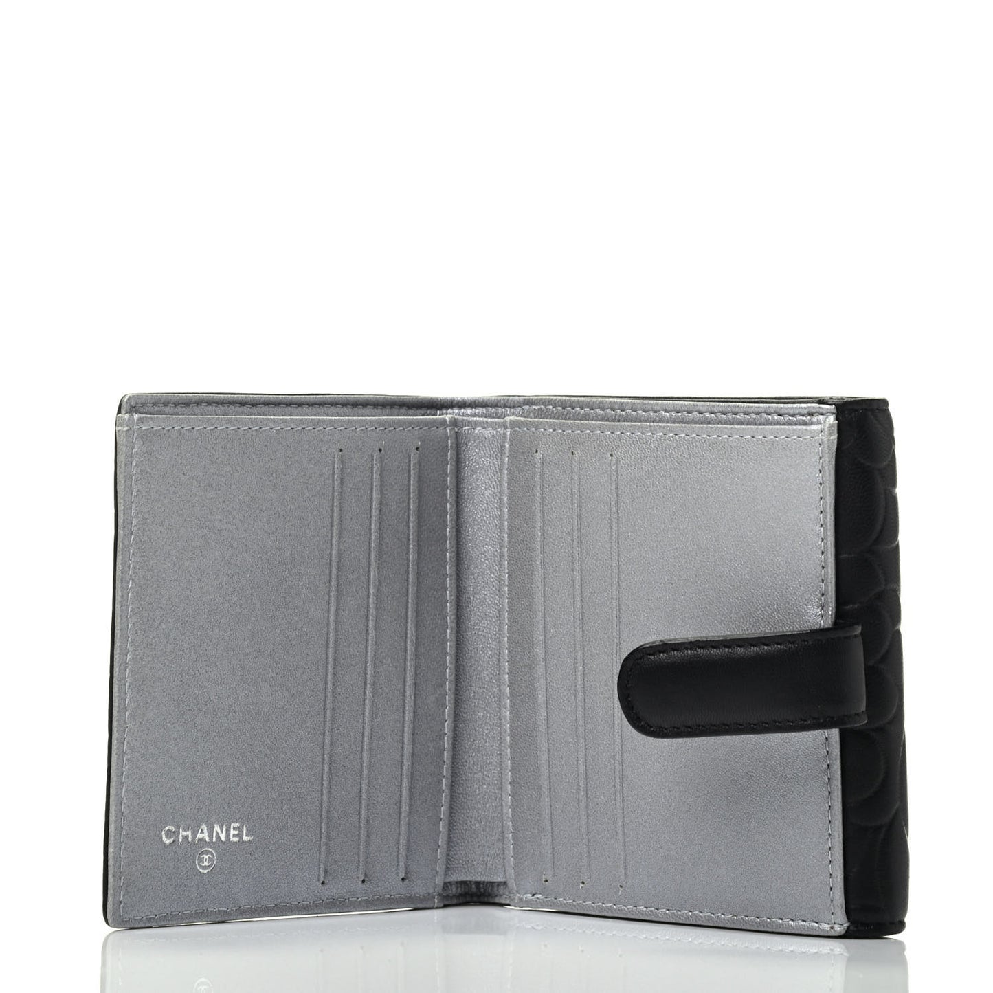 Lambskin Camellia Embossed Small Double Wallet Black