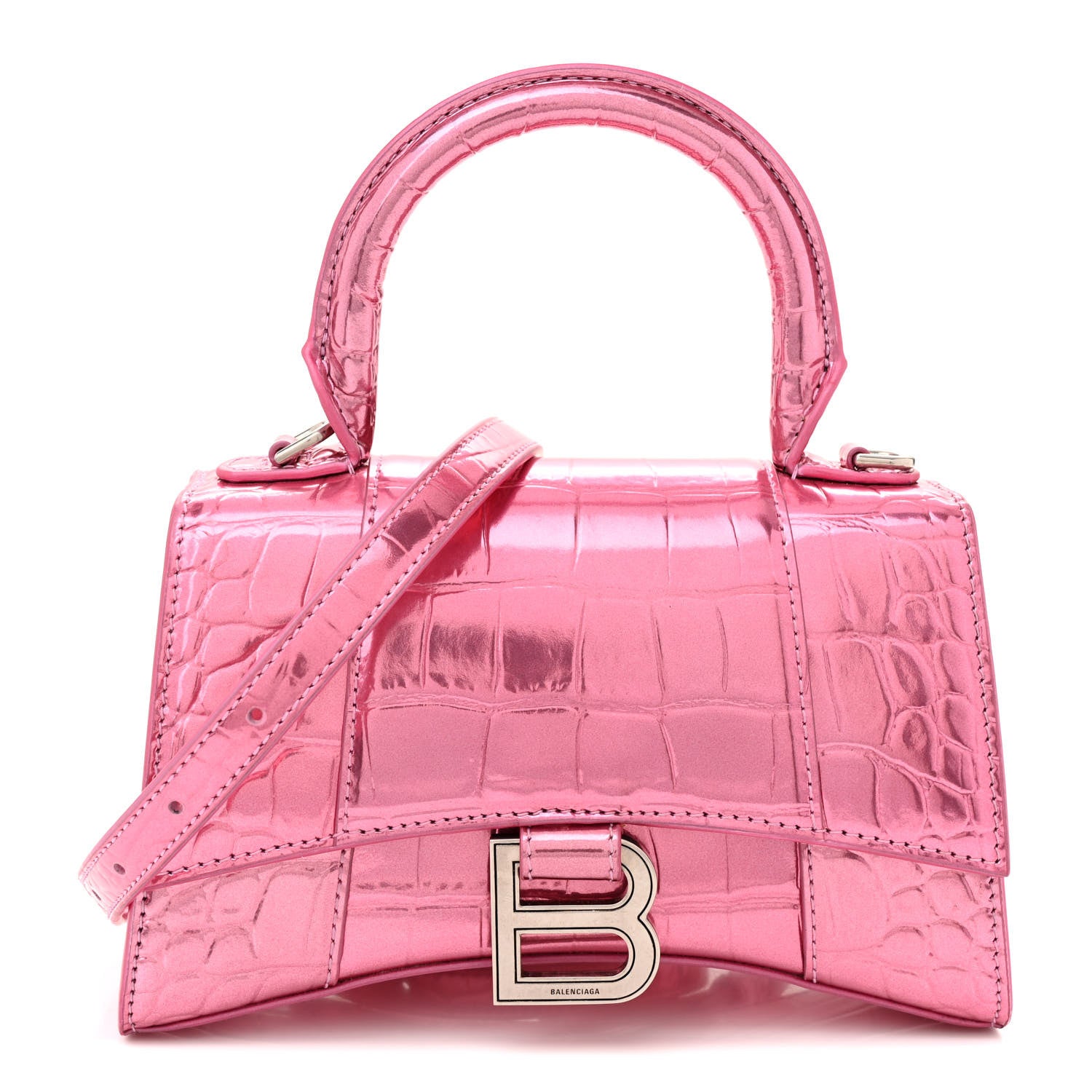 Balenciaga Metallic Shiny Calfskin Crocodile Embossed Hourglass Top Handle Bag XS Pink 1 of 14