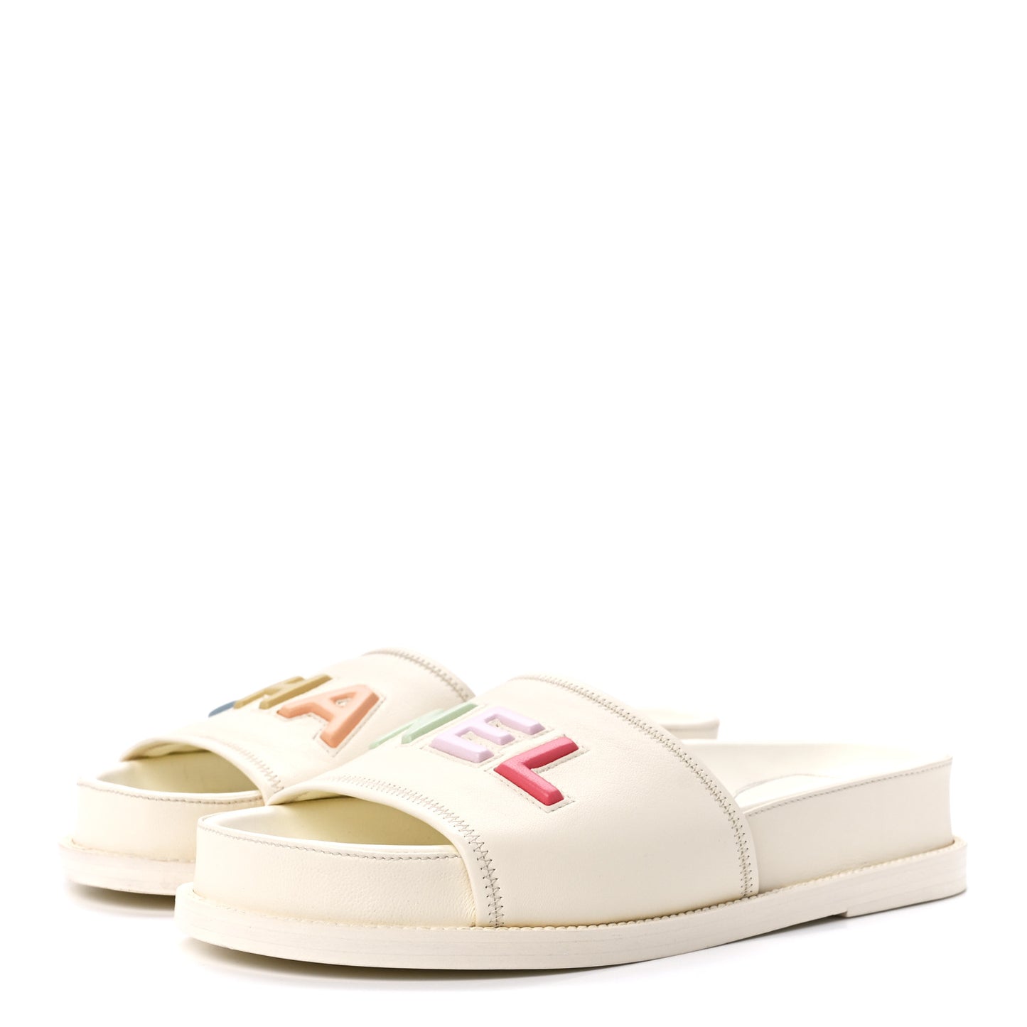 Lambskin Cha-Nel Mule Sandals 38.5 Ivory Multicolor