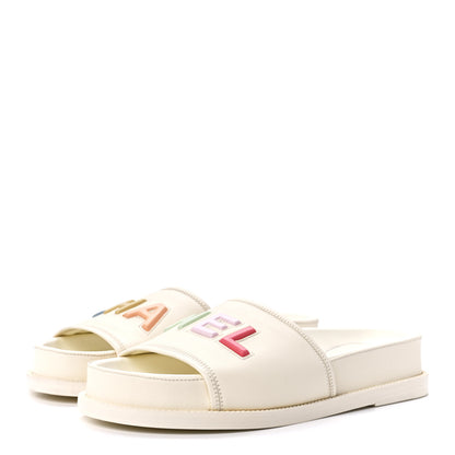 Chanel Lambskin Cha-Nel Mule Sandals 38.5 Ivory Multicolor 3 of 8