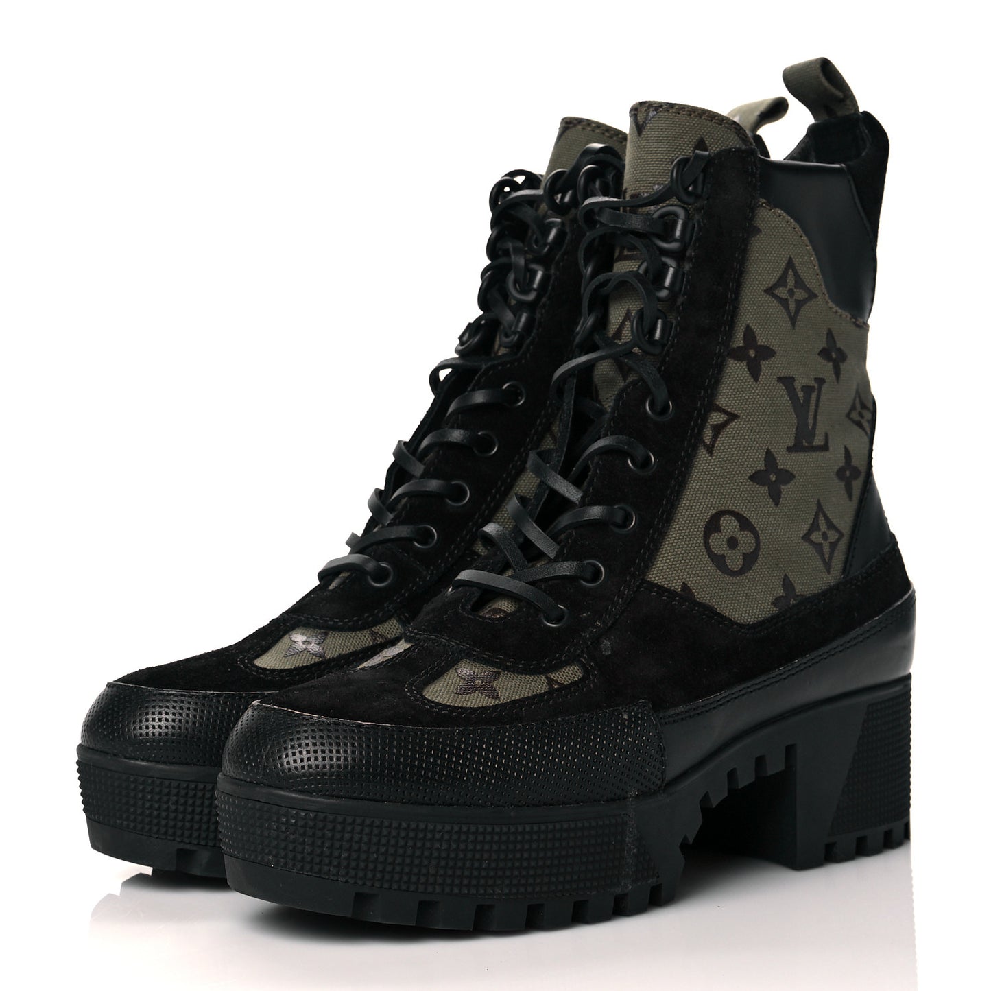 Suede Monogram Laureate Platform Desert Boots 38.5 Kaki Black