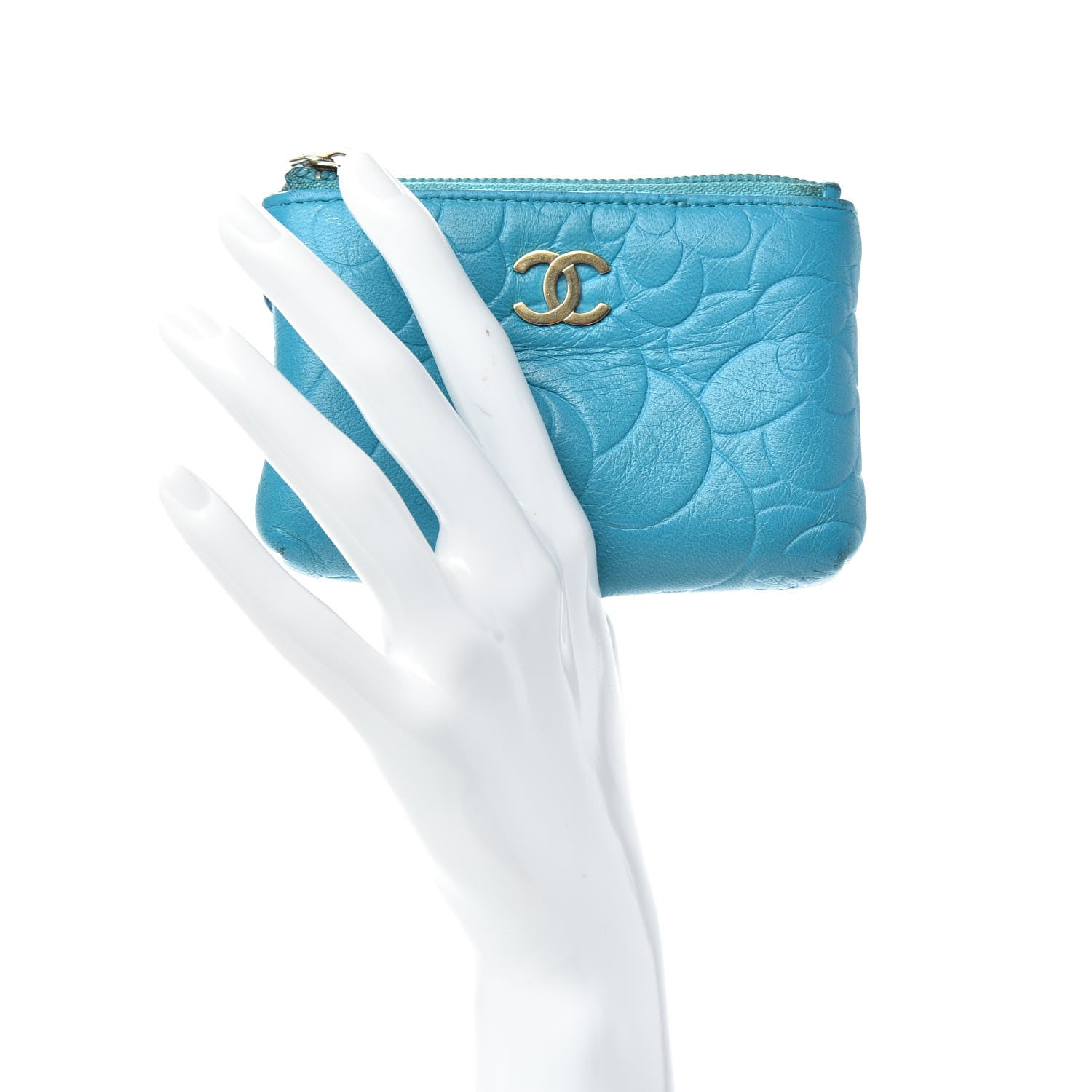 Chanel Lambskin Camellia Embossed Key Holder Case Turquoise 2 of 7