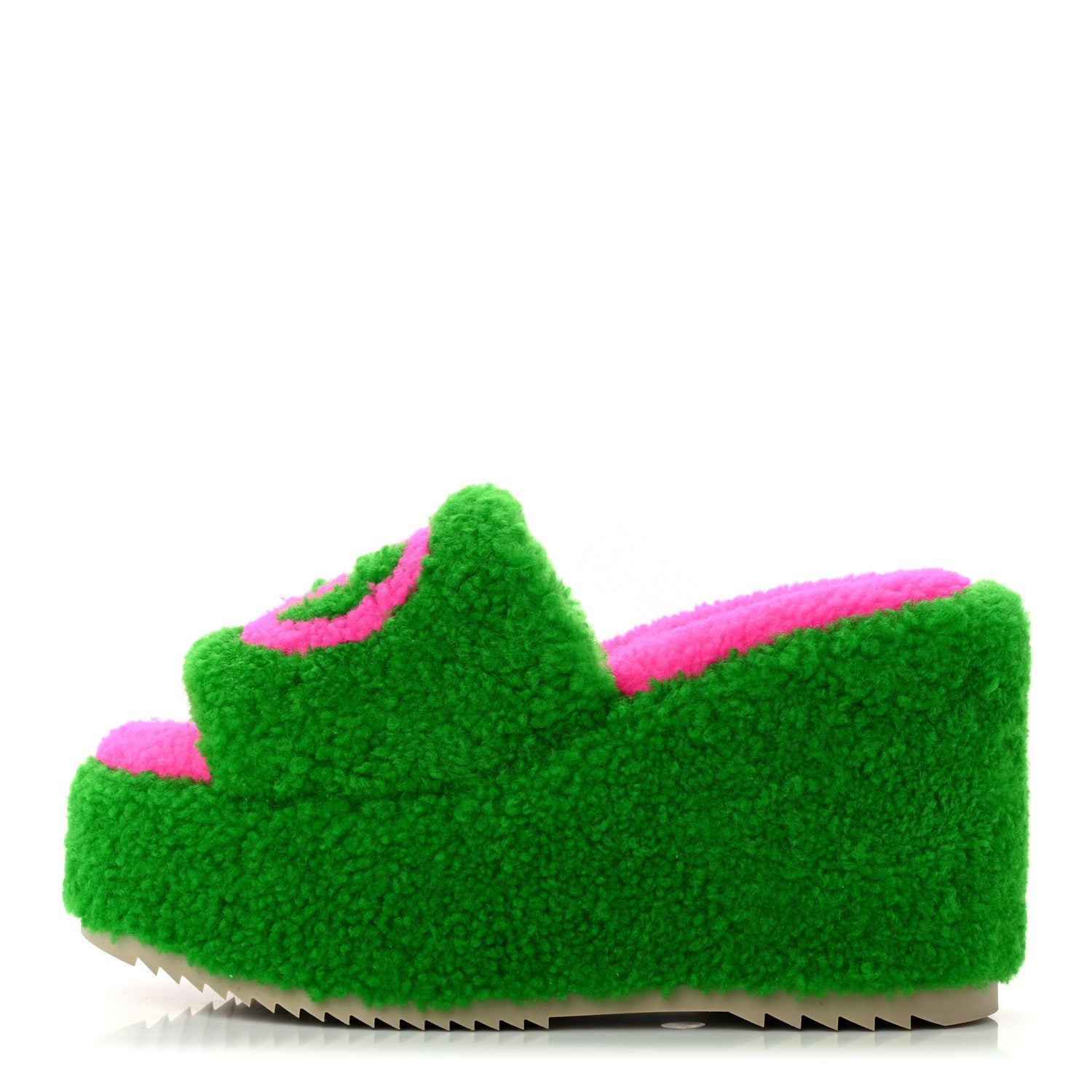 Gucci Shearling Interlocking G Womens Elea Platform Slide Wedge Sandals 36 Green Fluo Fuxia Fluo 1 of 11