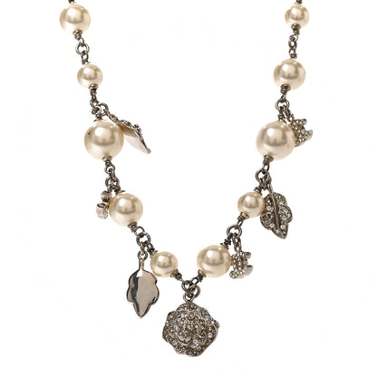 Chanel Crystal Pearl CC Camellia Charm Short Necklace Silver 1 of 5