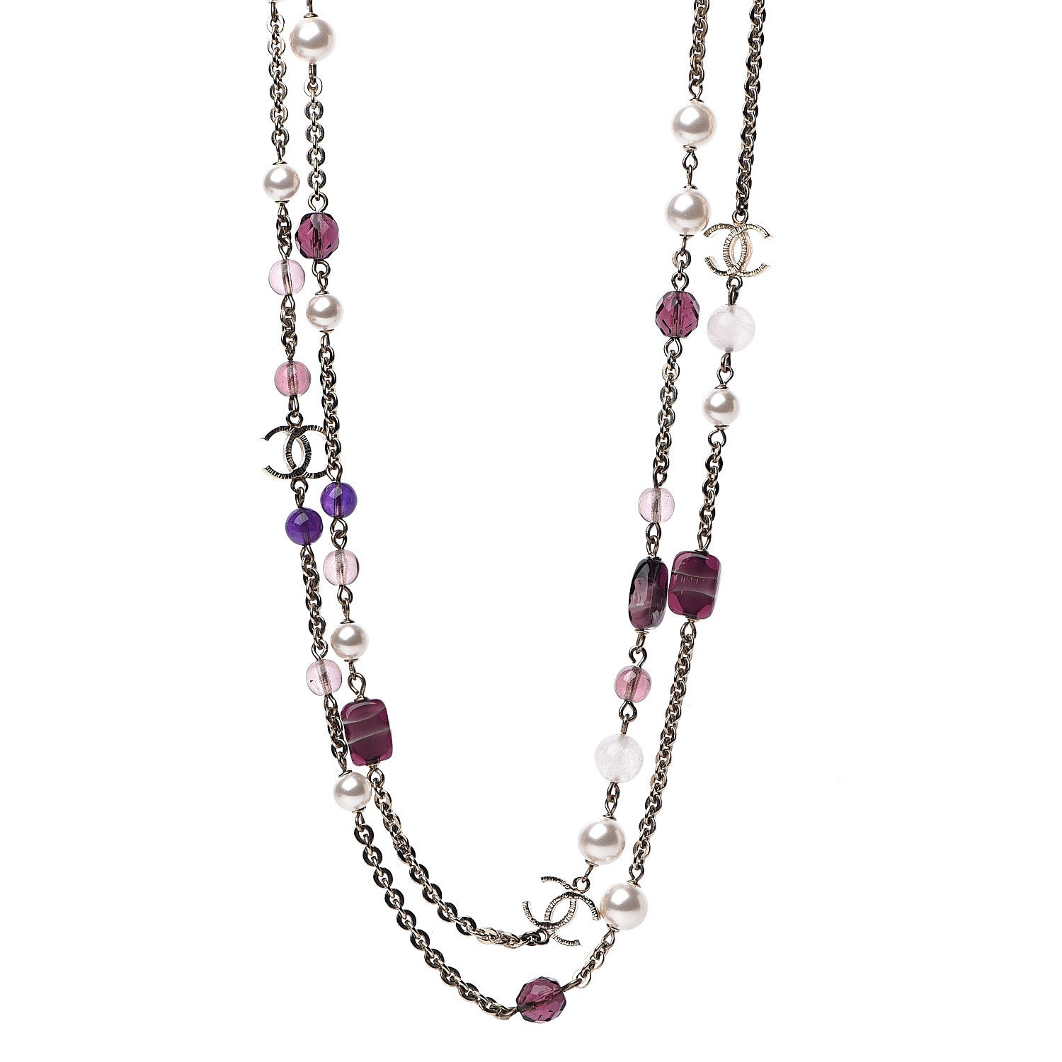 Chanel Pearl Beaded Enamel CC Long Necklace Gold Purple 1 of 4