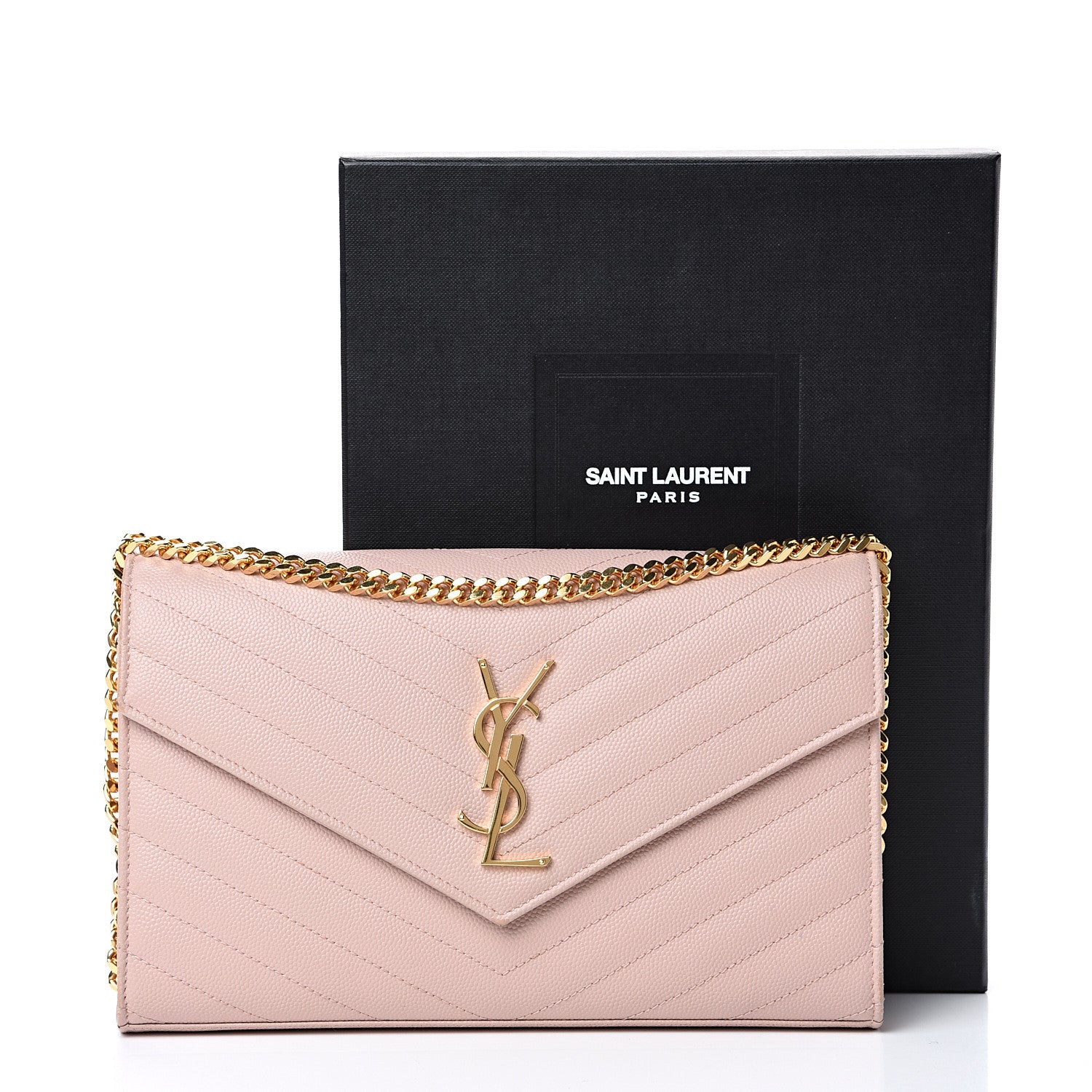 Saint Laurent Grain De Poudre Matelasse Chevron Monogram Chain Wallet Pale Blush 13 of 13
