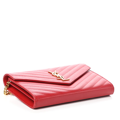 Saint Laurent Grain De Poudre Matelasse Chevron Monogram Chain Wallet Red 4 of 9