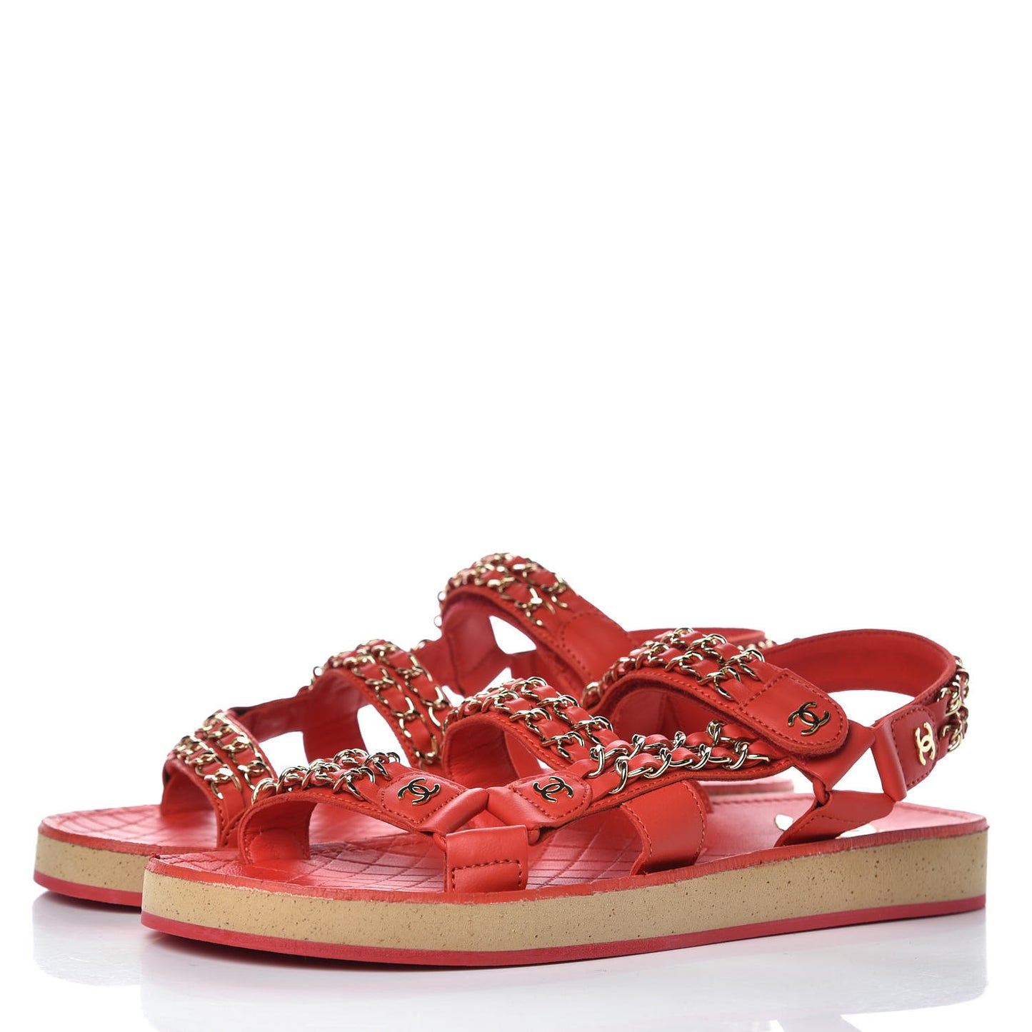 Calfskin Chain Flat Sandals 36.5 Red