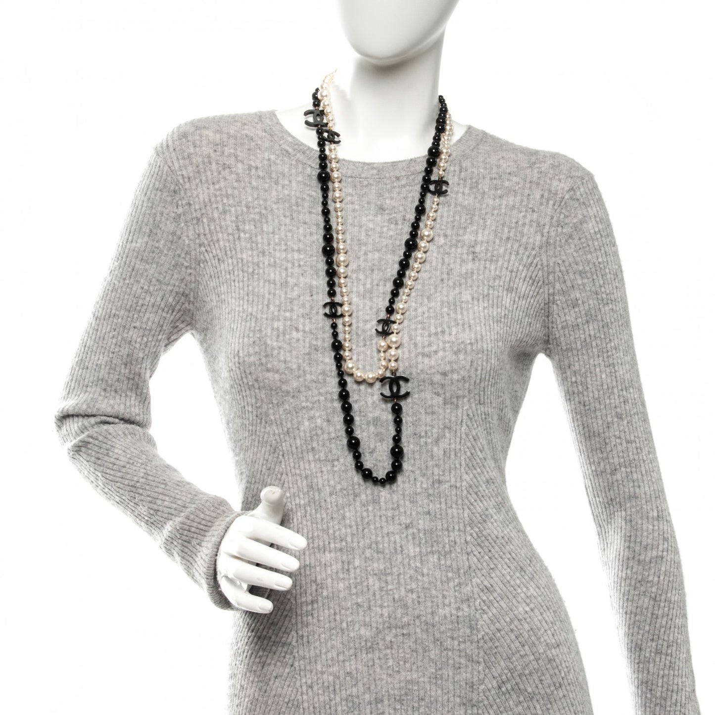 Pearl Beaded CC Long Necklace Black White