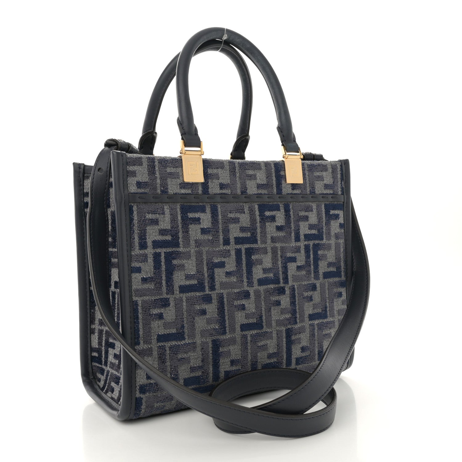 Fendi Chenille Vitello Grace FF Embroidered Small Fendi Sunshine Shopper Tote Dark Blue Grey 3 of 13