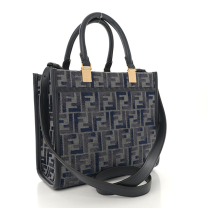 Fendi Chenille Vitello Grace FF Embroidered Small Fendi Sunshine Shopper Tote Dark Blue Grey 3 of 13