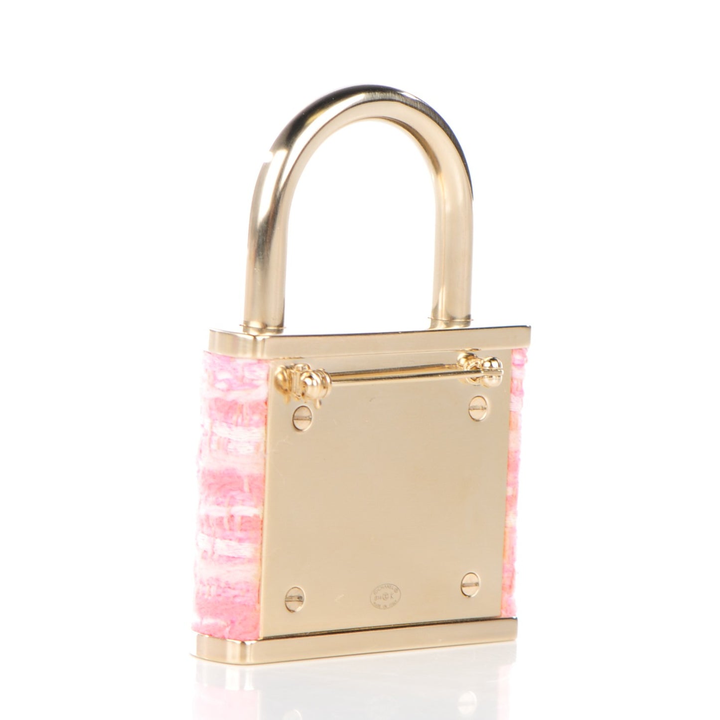 Tweed CC Oversized Padlock Pin Brooch Pink Gold
