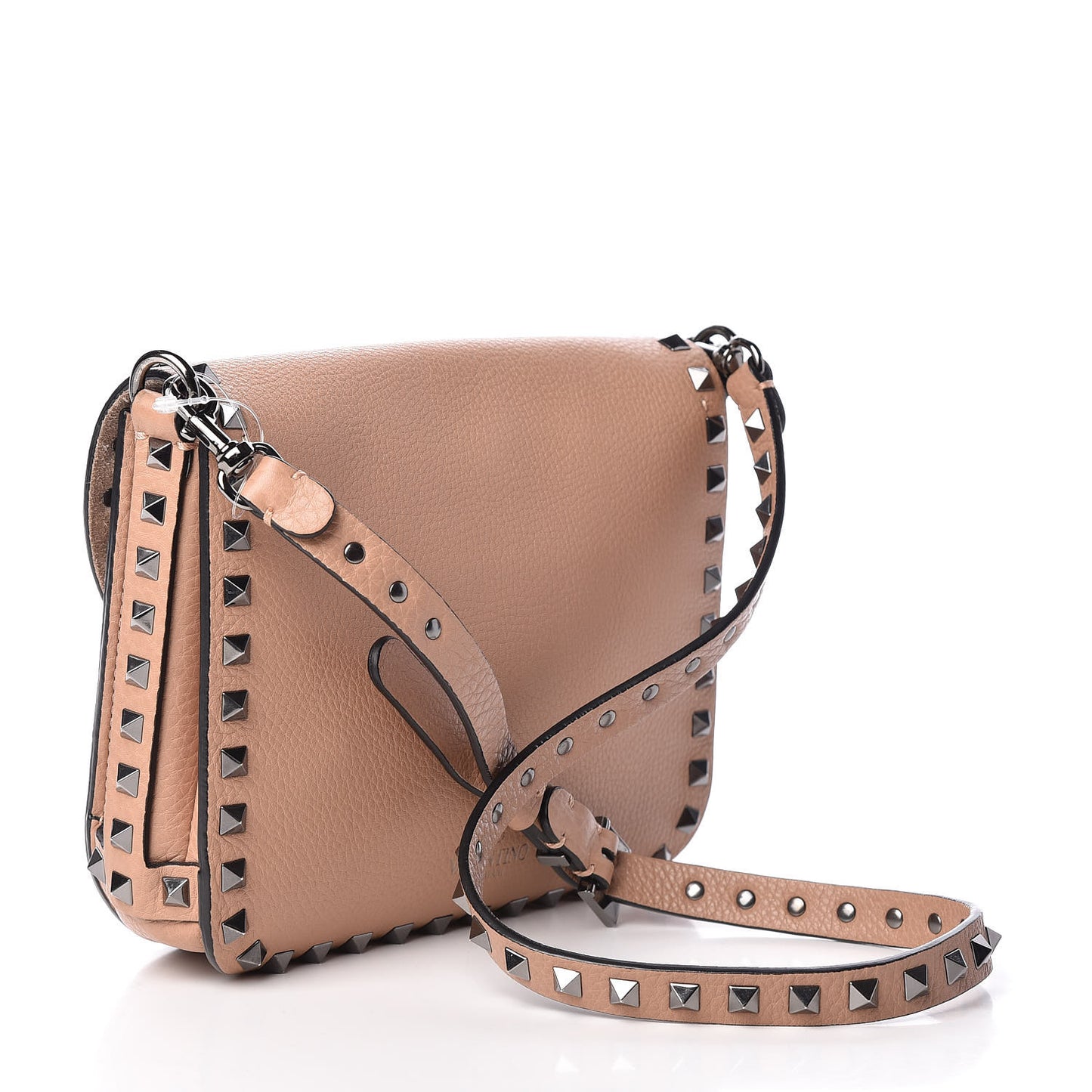 Pebbled Calfskin Rockstud Shoulder Flap Messenger Bag Soft Noisette