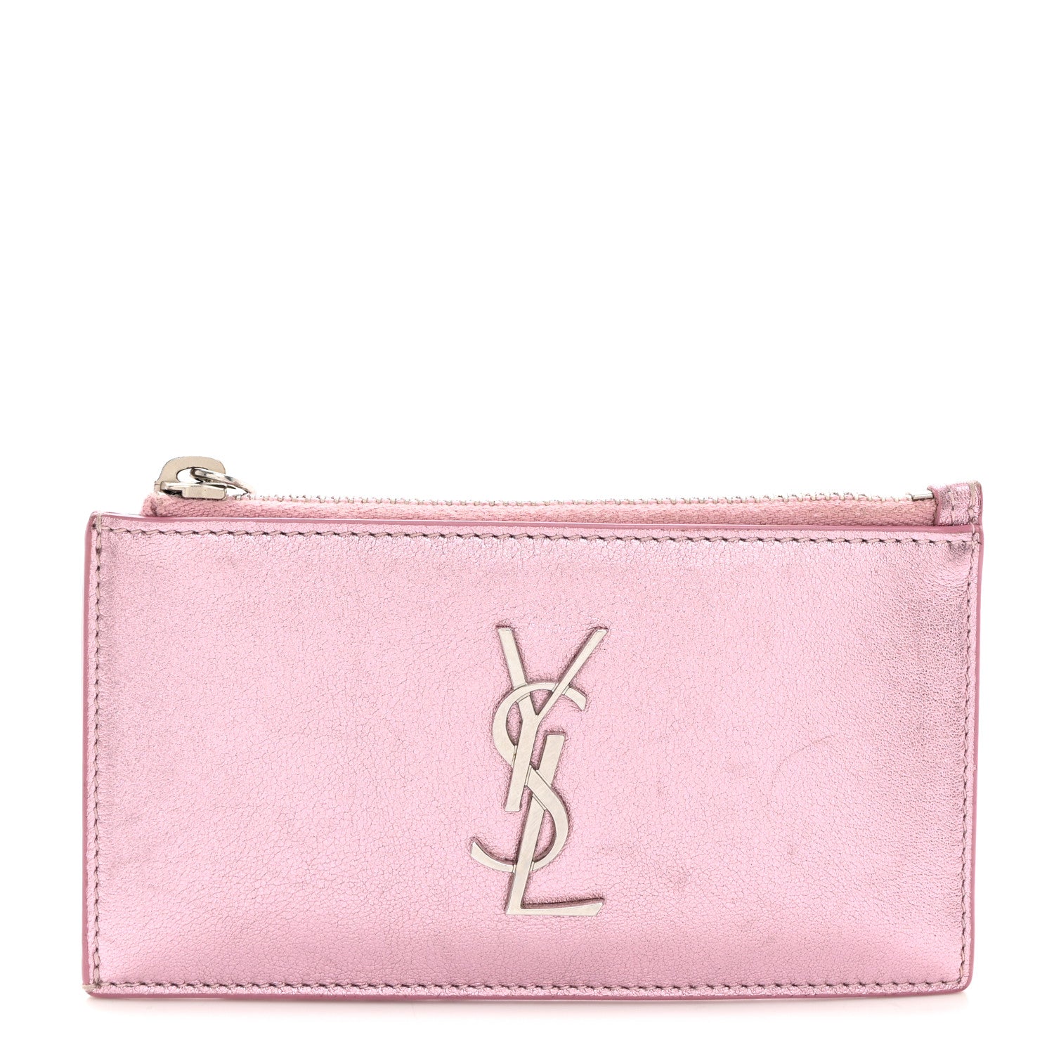 Saint Laurent Metallic Calfskin Monogram Fragments Zippered Card Case Vegas Pink 1 of 6