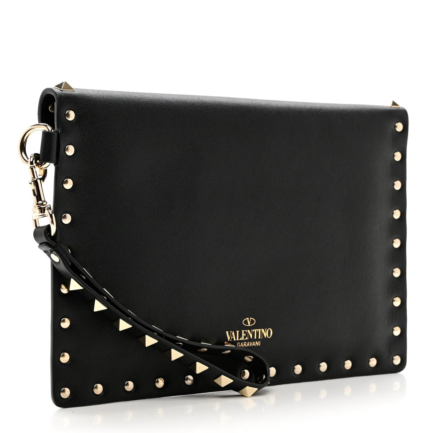 Vitello Medium Rockstud Envelope Flat Wristlet Pouch Black