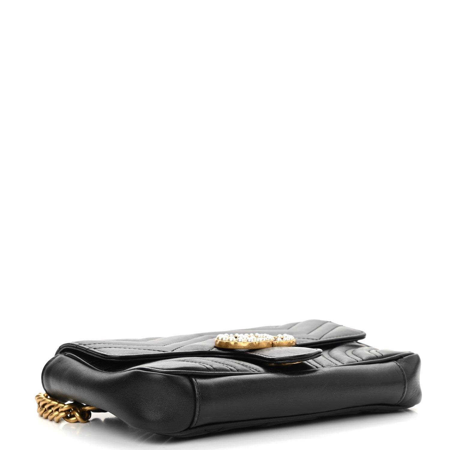 Gucci Calfskin Matelasse Pearly GG Marmont Chain Belt Bag Black 4 of 15