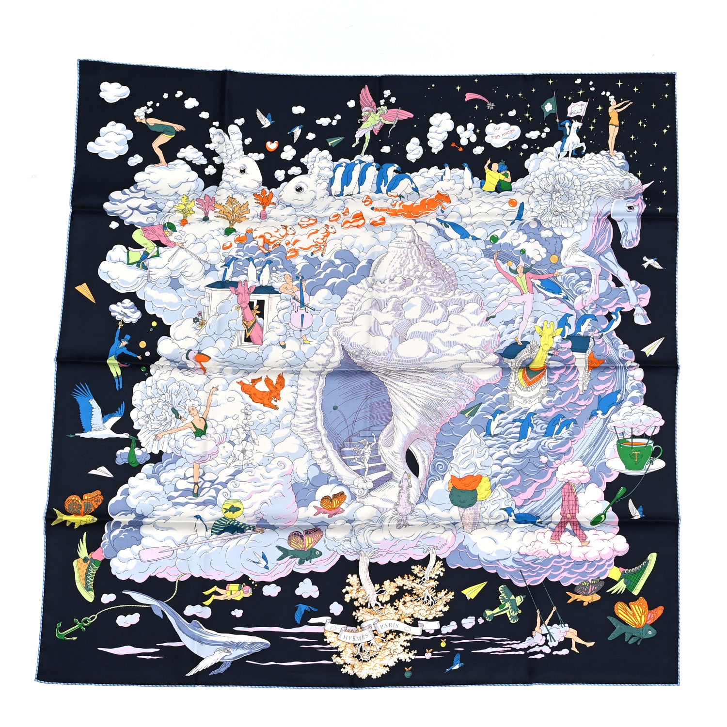 Hermes Silk Sur Mon Nuage Scarf 90 Bleu Black Mauve Multicolor 1 of 5