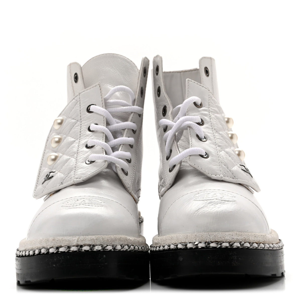 Chanel Crackled Calfskin Pearl Chain CC Combat Short Boots 38.5 White 3 of 11