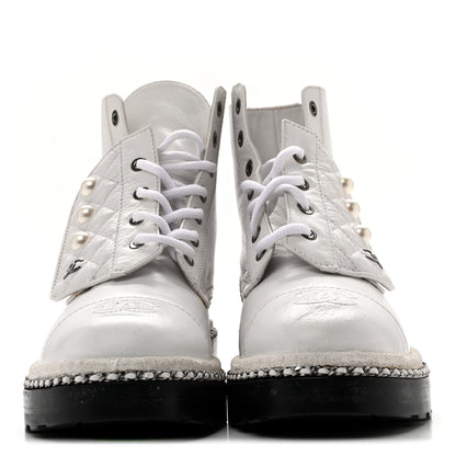 Chanel Crackled Calfskin Pearl Chain CC Combat Short Boots 38.5 White 3 of 11