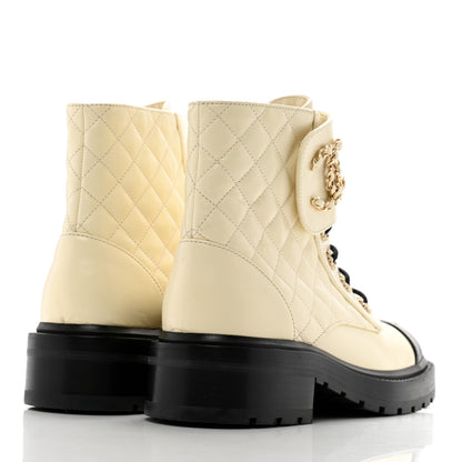 Chanel Shiny Lambskin Quilted Lace Up Combat Boots 37.5 White Black 5 of 11