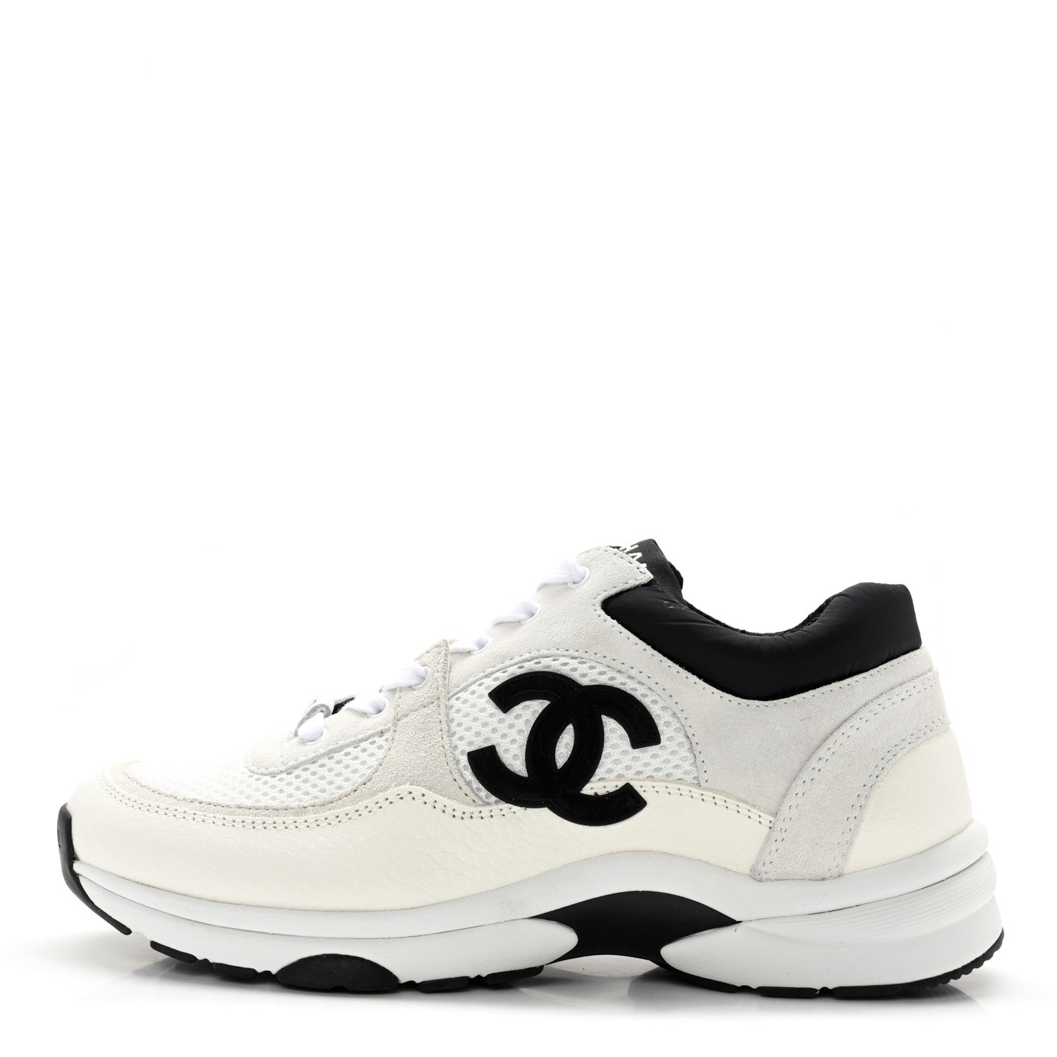 Chanel Mesh Suede Calfskin Grained Calfskin Womens CC Sneakers 38 White Black 1 of 12