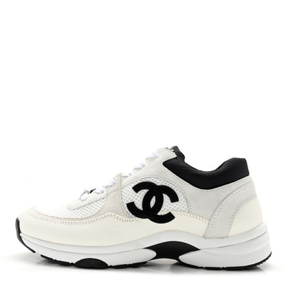 Chanel Mesh Suede Calfskin Grained Calfskin Womens CC Sneakers 38 White Black 1 of 12