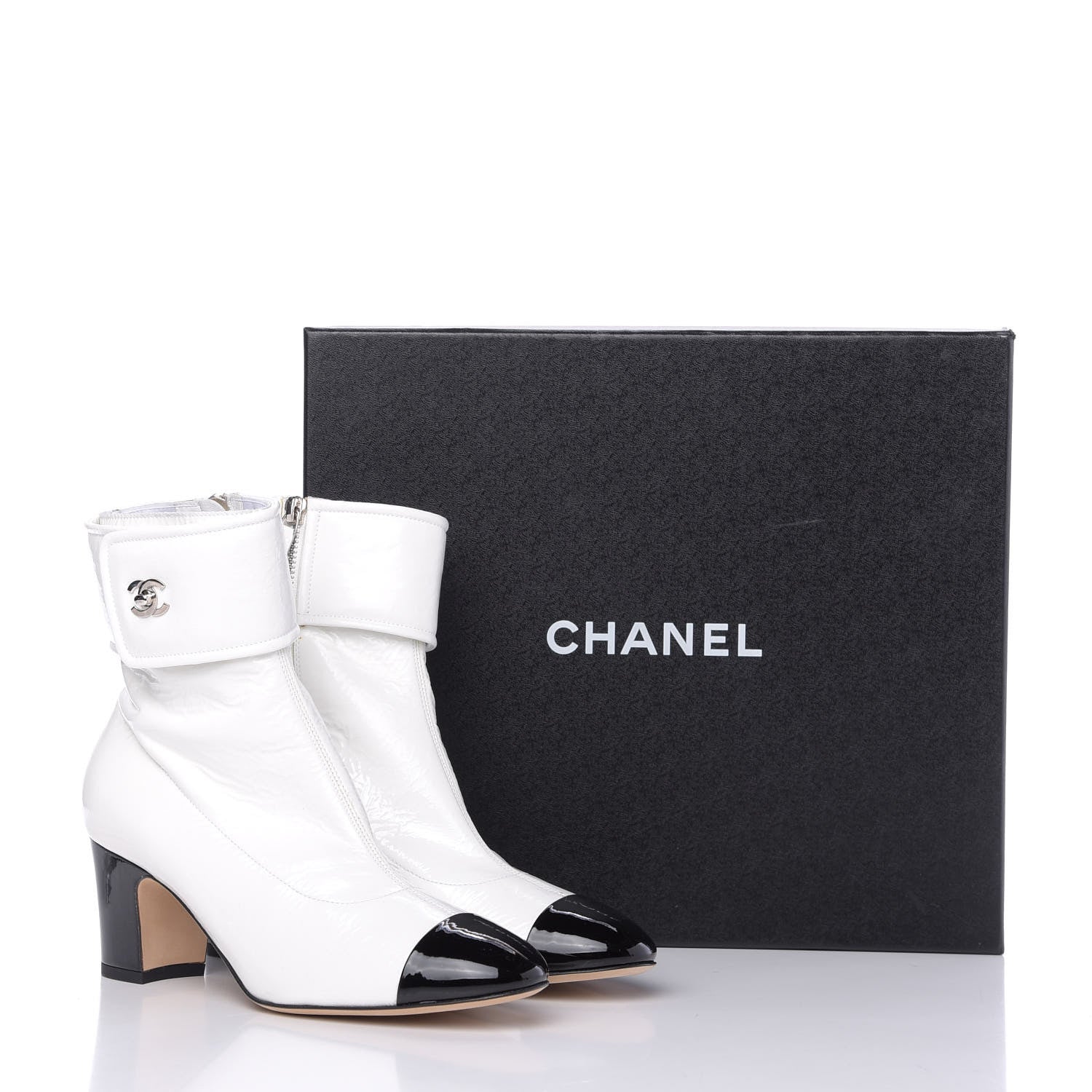 Chanel Distressed Patent Cap Toe CC Turnlock Ankle Boots 37.5 White Black 10 of 10