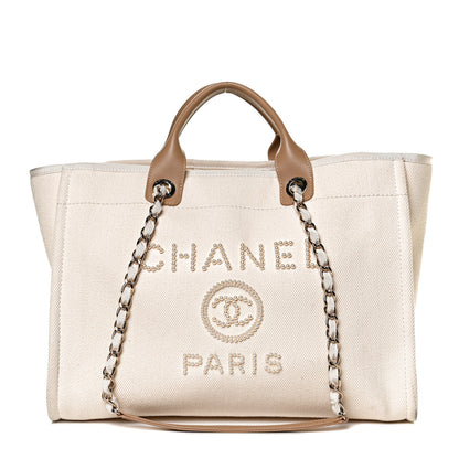 Chanel Canvas Pearl Medium Deauville Tote Ecru Beige 1 of 10