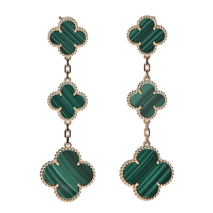 Van Cleef & Arpels 18K Yellow Gold Malachite 3 Motifs Magic Alhambra Earrings 1 of 5