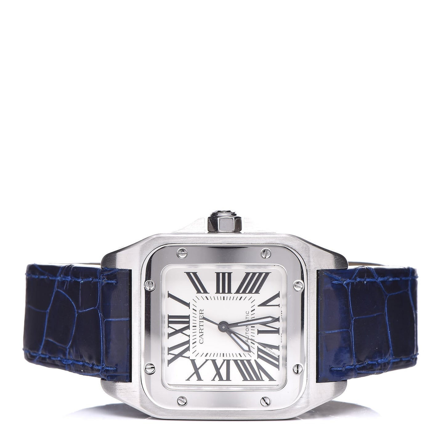 Stainless Steel Alligator 33mm Santos 100 Automatic Watch Blue