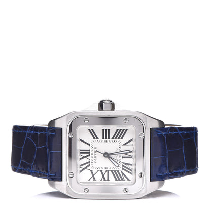 Cartier Stainless Steel Alligator 33mm Santos 100 Automatic Watch Blue 3 of 9