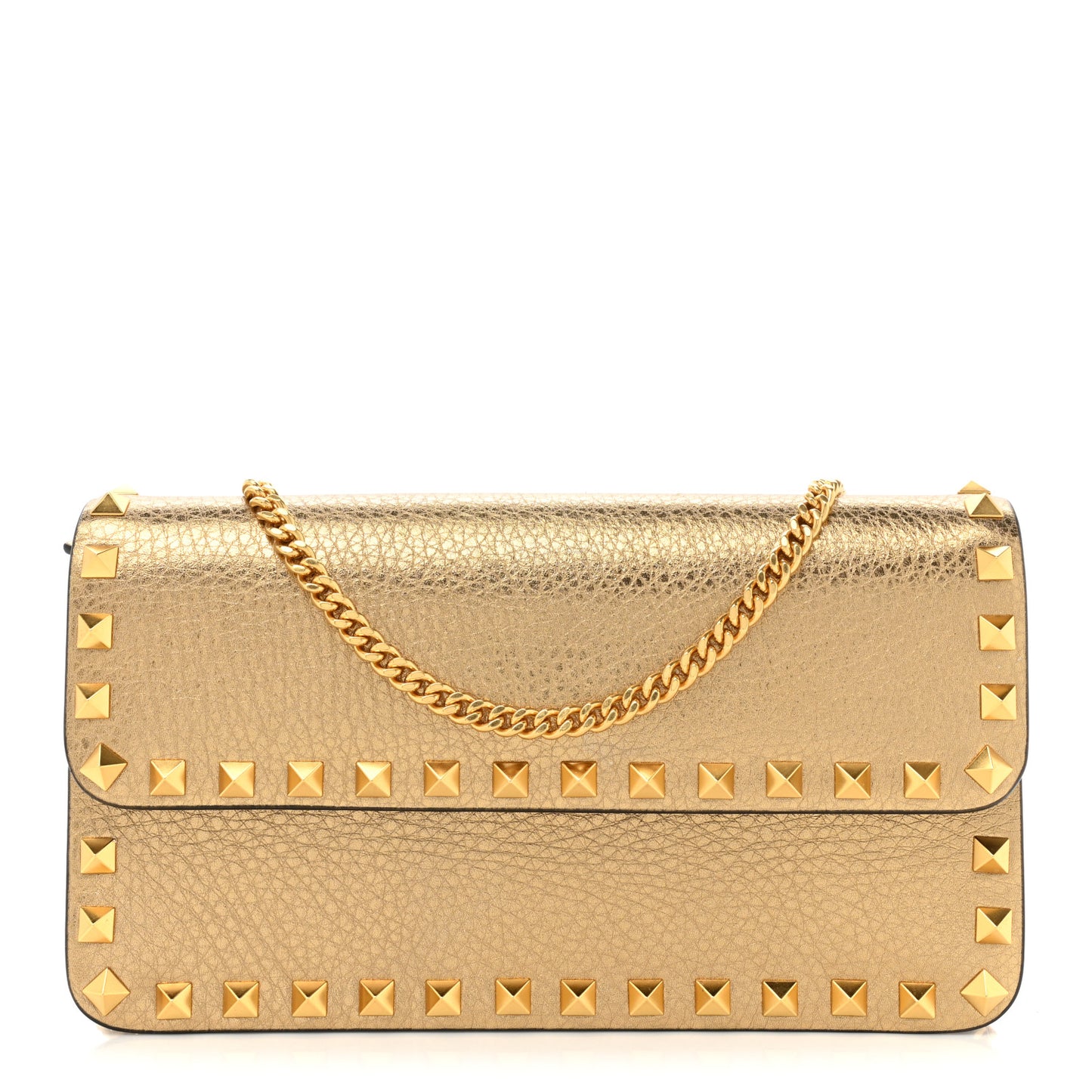 Pebbled Calfskin Rockstud Flap Wallet On Chain Soft Gold