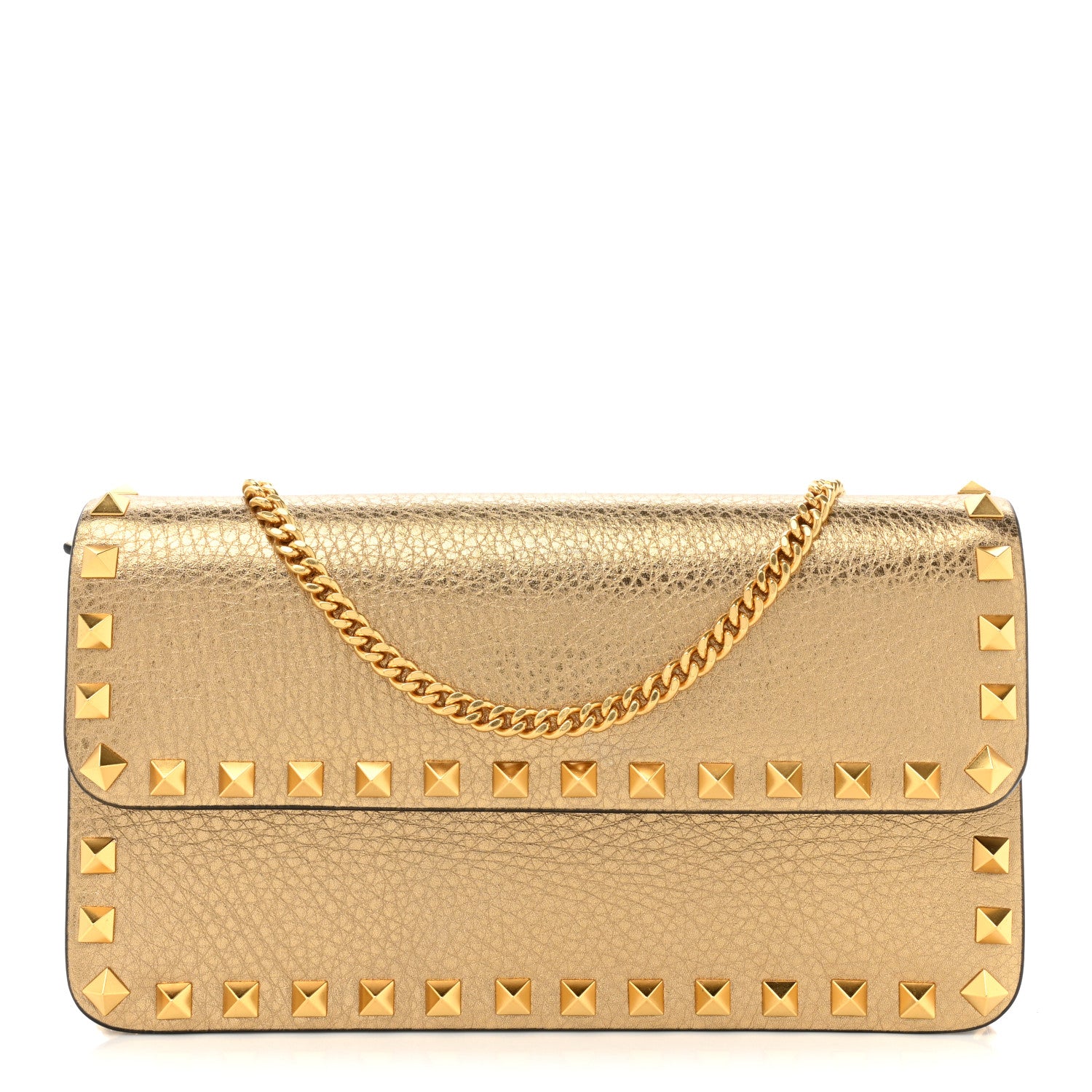 Valentino Garavani Pebbled Calfskin Rockstud Flap Wallet On Chain Soft Gold 1 of 13
