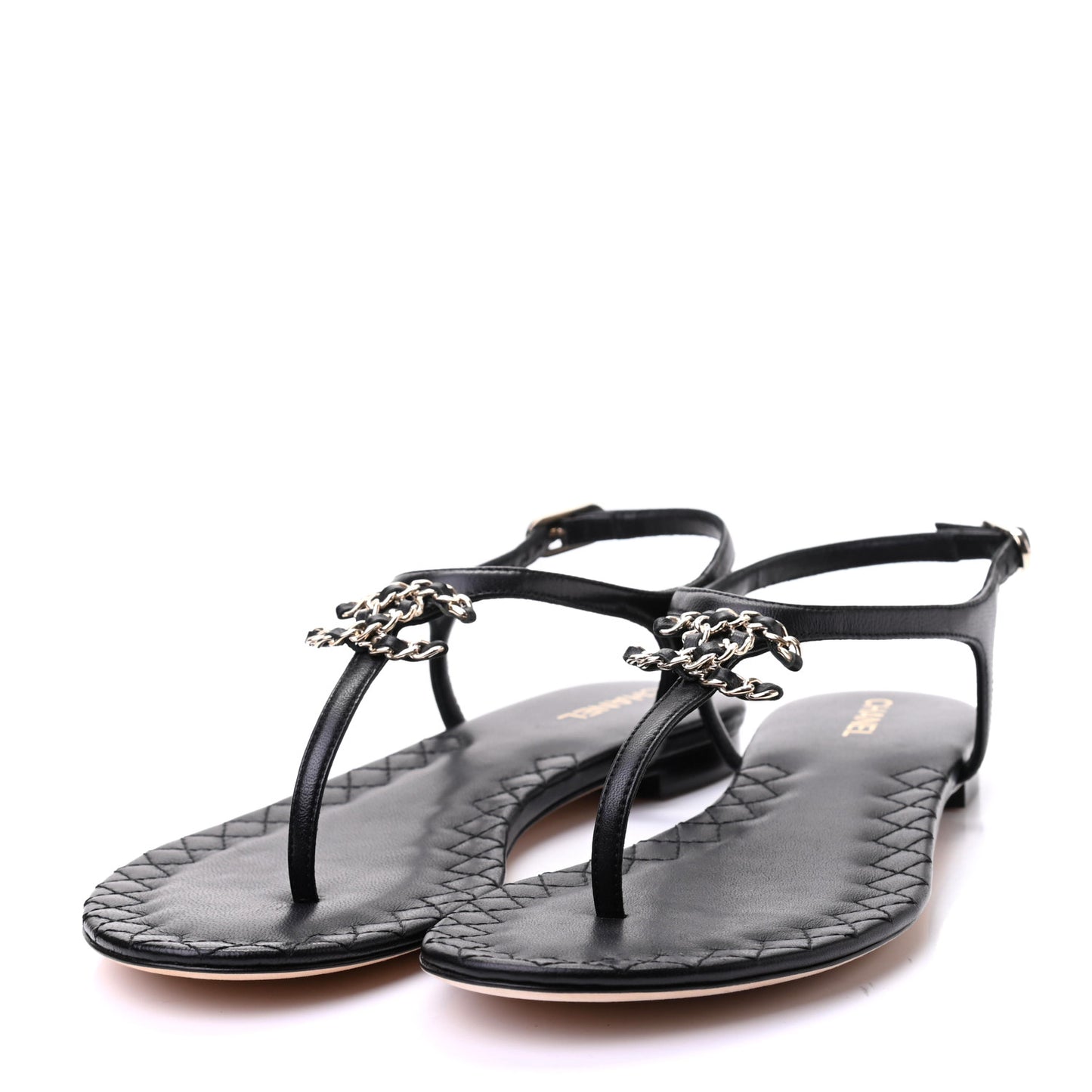 Lambskin Chain CC Logo Thong Sandals 37 Black