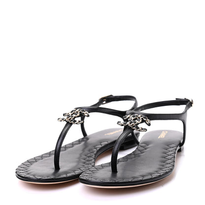 Chanel Lambskin Chain CC Logo Thong Sandals 37 Black 3 of 10