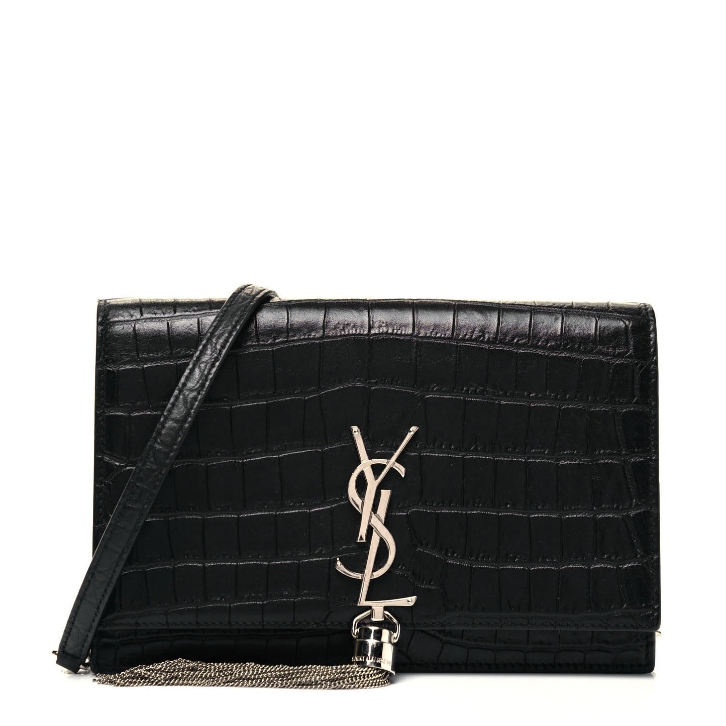 Calfskin Crocodile Embossed Kate Monogram Tassel Chain Wallet Black