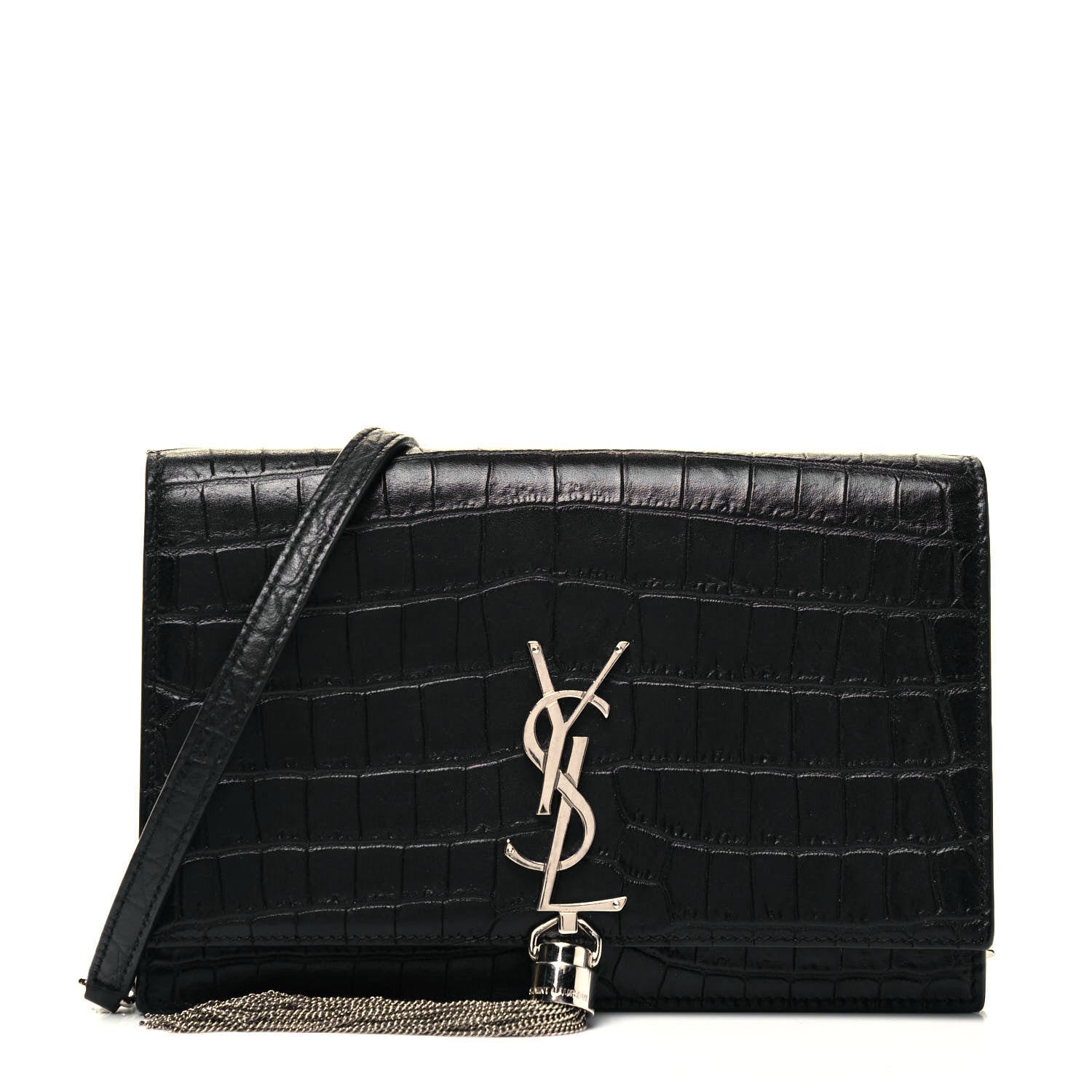 Saint Laurent Calfskin Crocodile Embossed Kate Monogram Tassel Chain Wallet Black 1 of 8