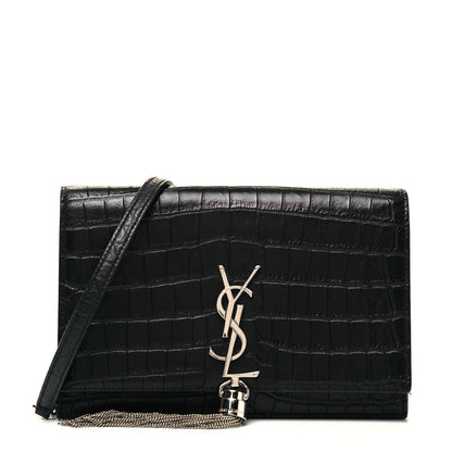 Saint Laurent Calfskin Crocodile Embossed Kate Monogram Tassel Chain Wallet Black 1 of 8