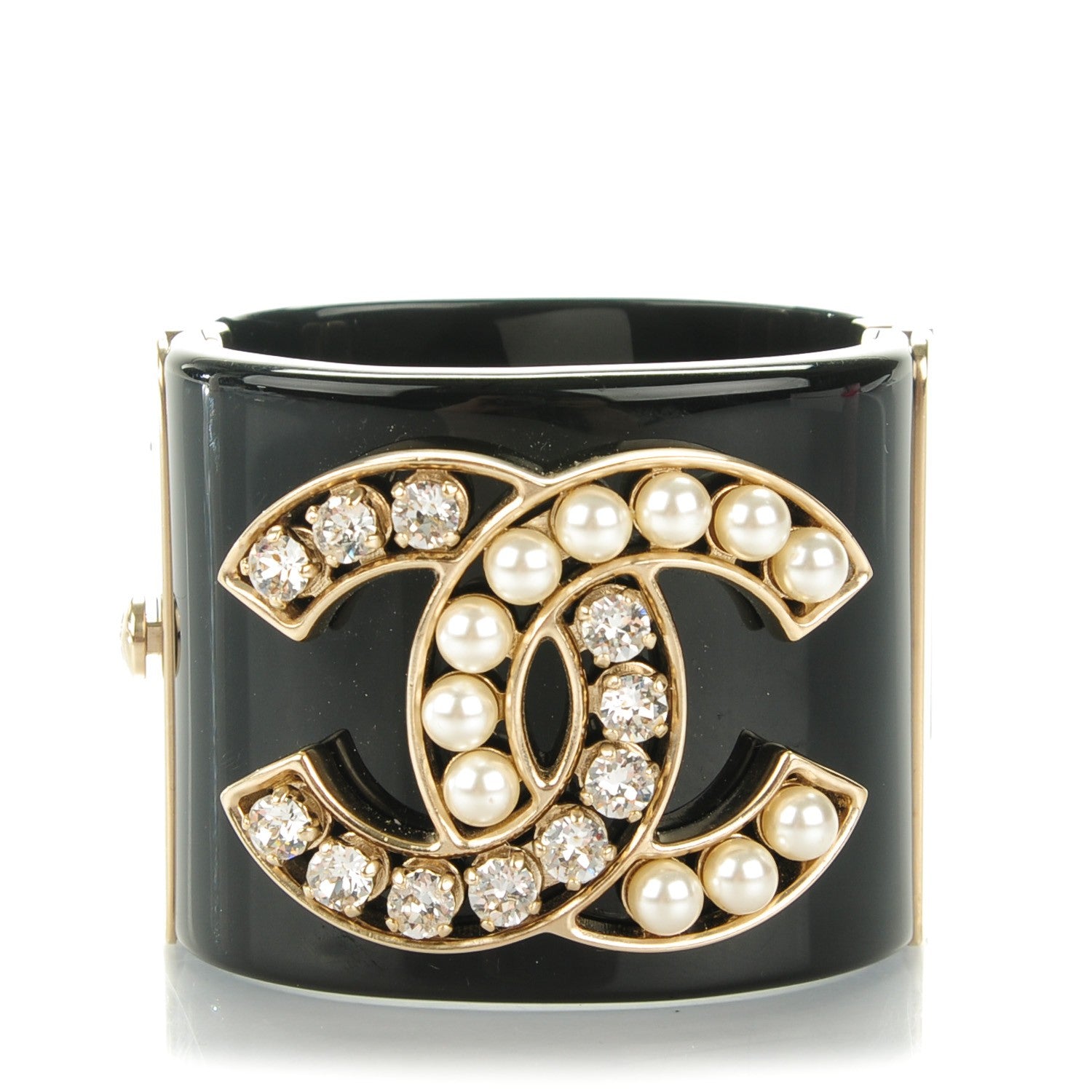 Chanel Resin Crystal Pearl CC Cuff Black 1 of 7
