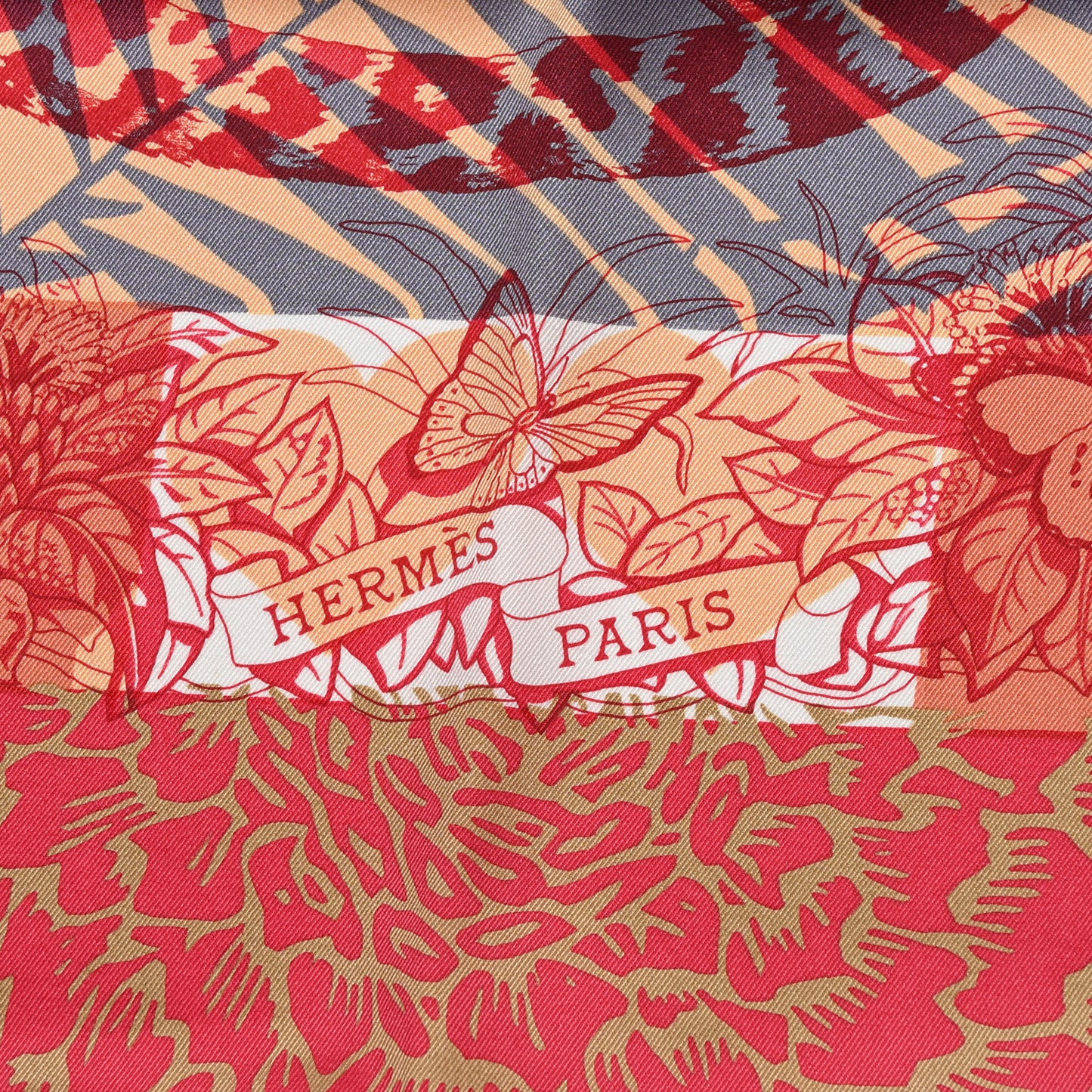 Silk Jungle Love au Tampon Scarf 70 Beige Rose Rouge