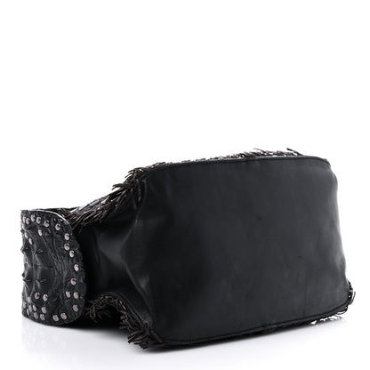 Bottega Veneta Nappa Intrecciato Alligator Fringe Shoulder Bag Black 4 of 12