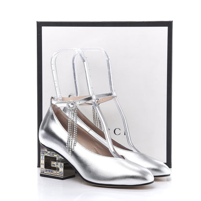 Gucci Metallic Nappa Crystal Square G Mid Heel Pumps 37.5 Silver 10 of 10