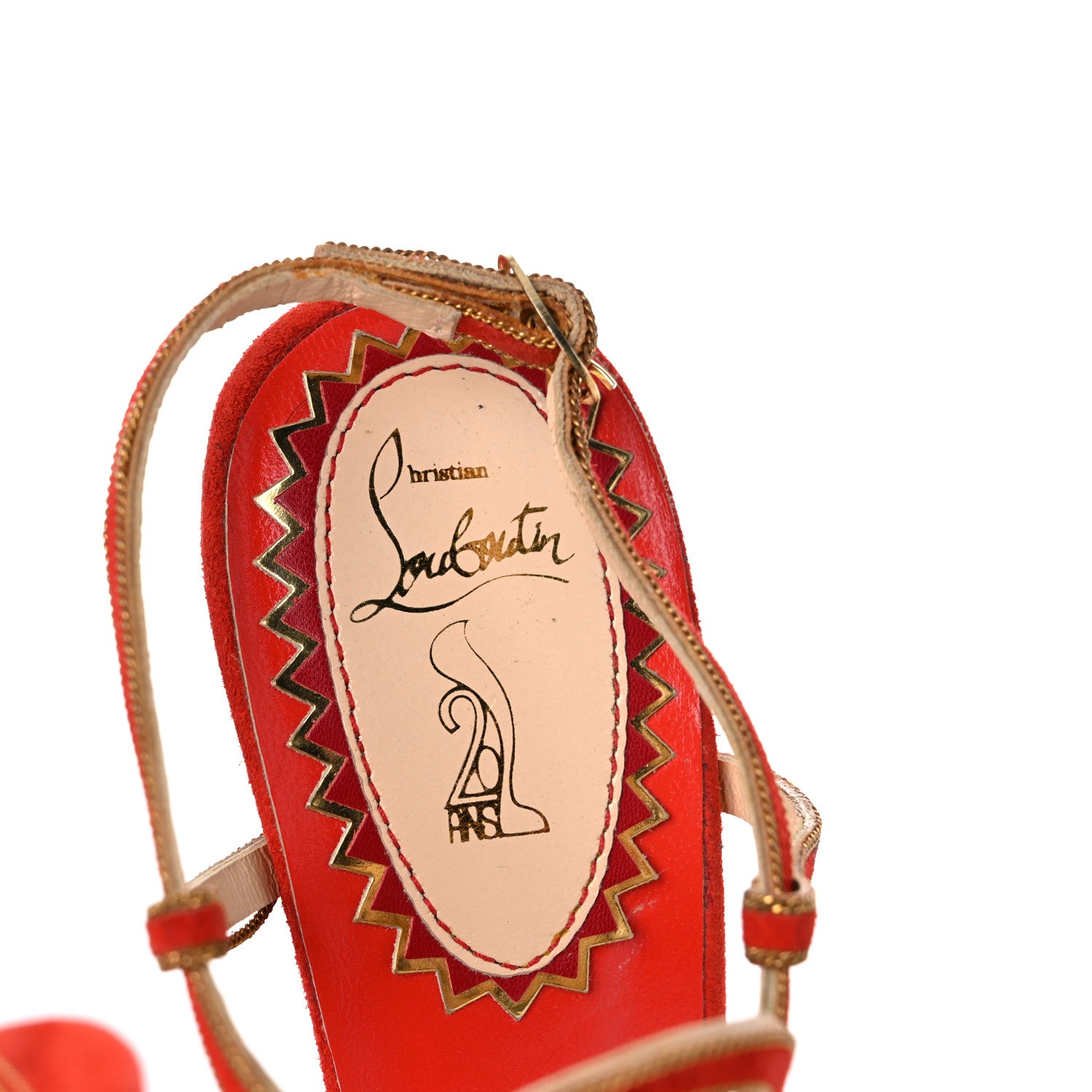 Christian Louboutin Veau Velours 20 Ans Chain Troisronds 140 Sandals 36.5 Mandarin Red Gold 9 of 25