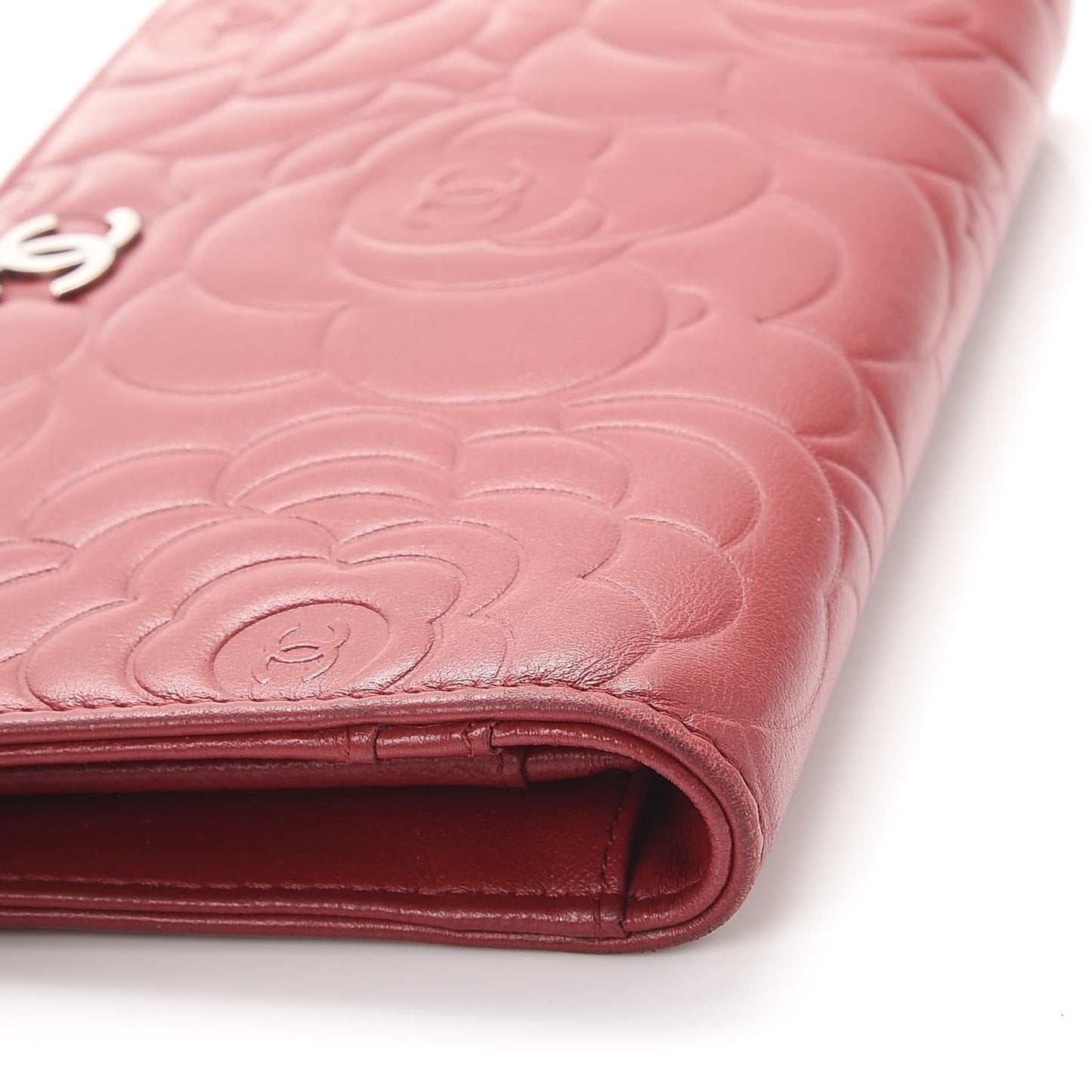Lambskin Camellia Embossed Yen Wallet Dark Red